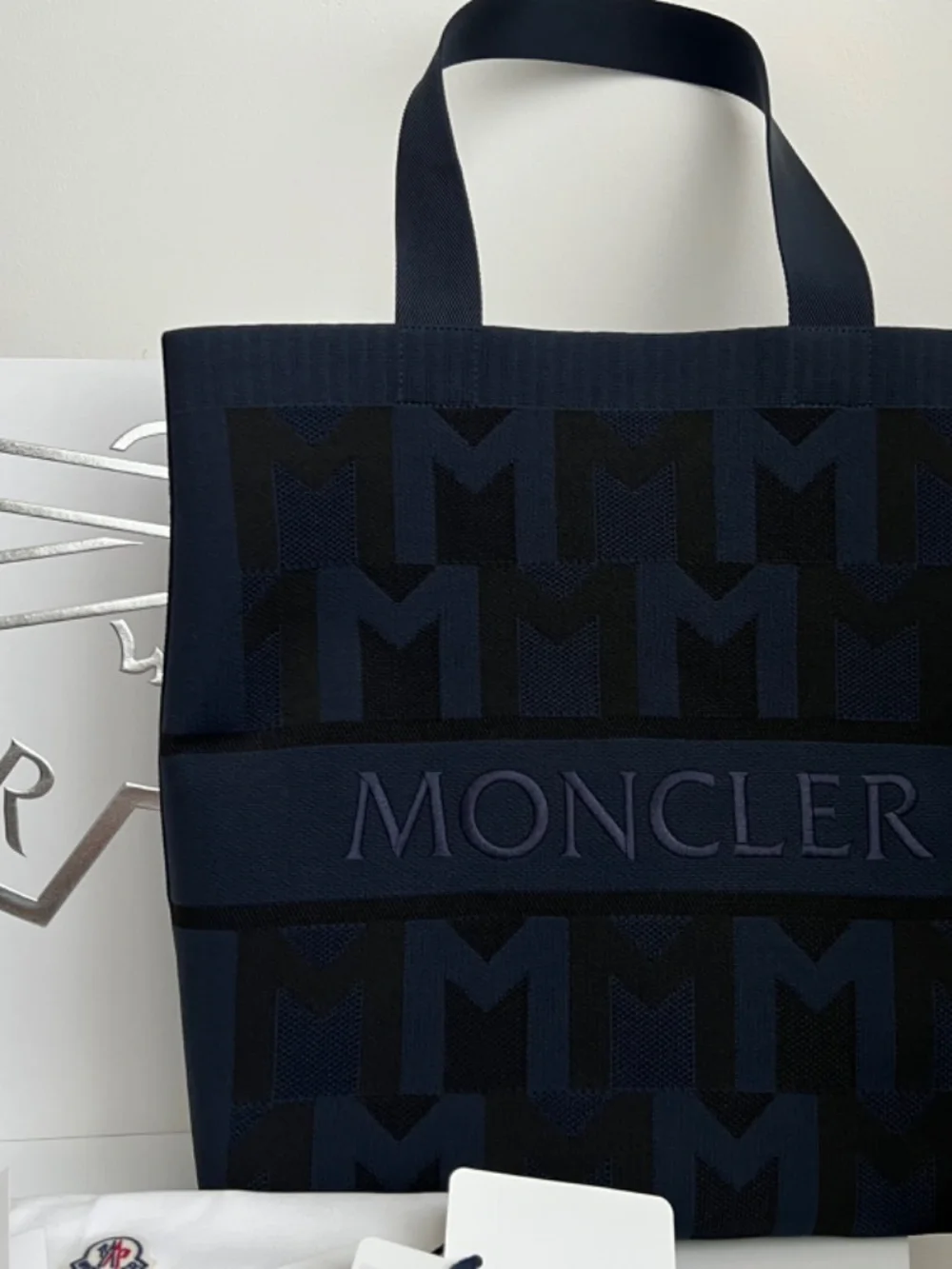 Moncler Bag Unisex Large Tote Navy Blue Knitted Jacquard Shopper Travel $1,500